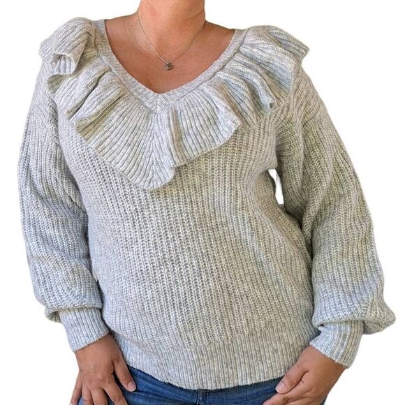 A New Day Grey Ivory V-Neck Ruffle Pullover Drop Shoulder Sweater Women Size XL - Picture 2 of 10